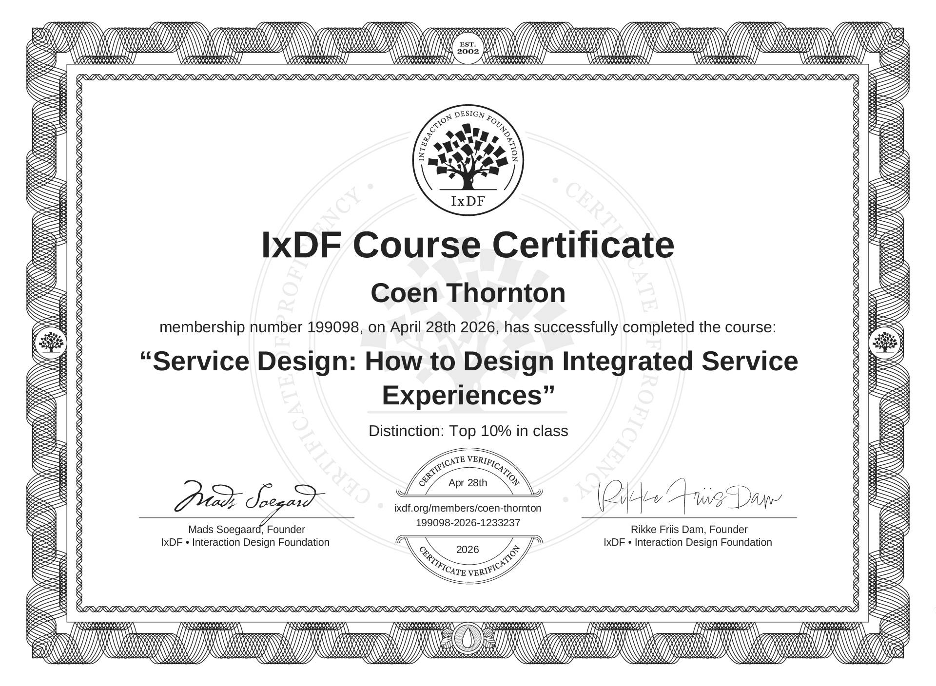 IxDF Service Design certificate — Top 10% in class