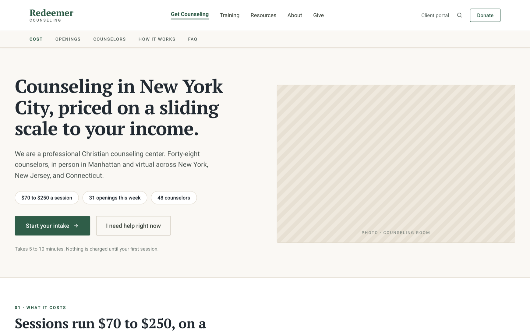 The prototype homepage: a header with an anchor rail for cost, openings, counselors, how it works and FAQ, then a hero reading "Counseling in New York City, priced on a sliding scale to your income", with chips for $70 to $250 a session, 31 openings this week and 48 counselors, above buttons to start an intake or get help right now