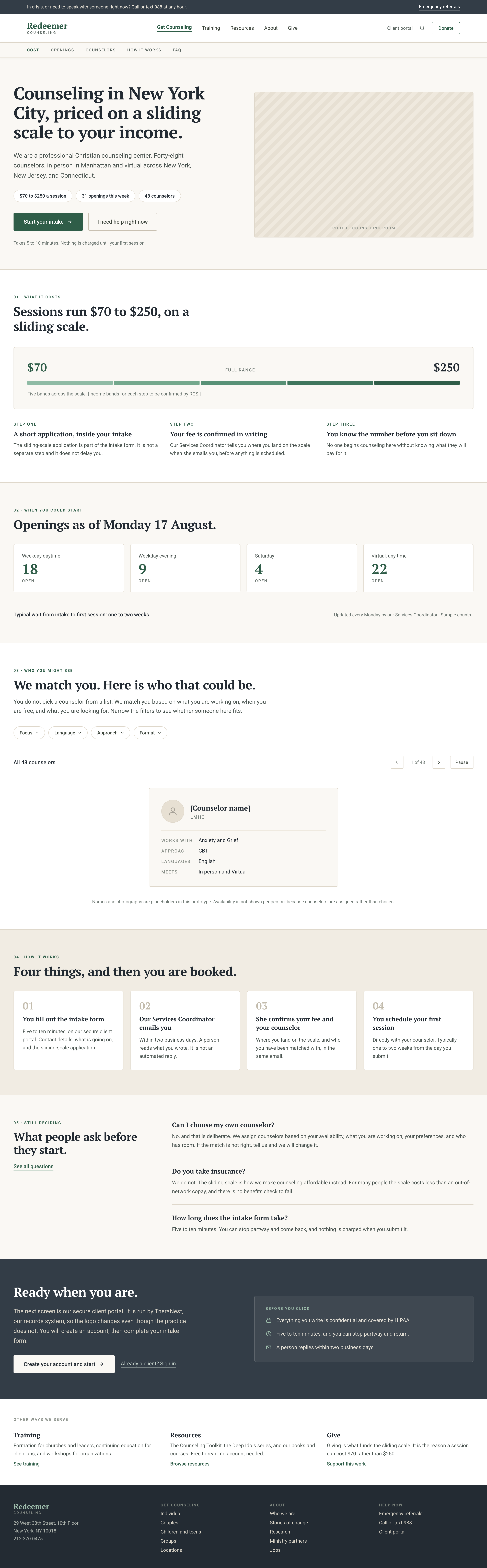 The redesigned Redeemer homepage: a header with an anchor rail, then a hero stating that counseling is priced on a sliding scale to your income, above sections for cost, openings, counselors, how it works, FAQs and the intake handoff.
