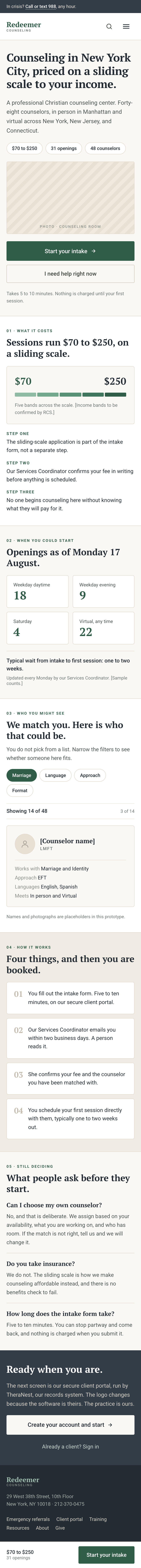 Full mobile scroll of the redesigned homepage at 390 pixels wide, carrying the same eight sections in a single column.