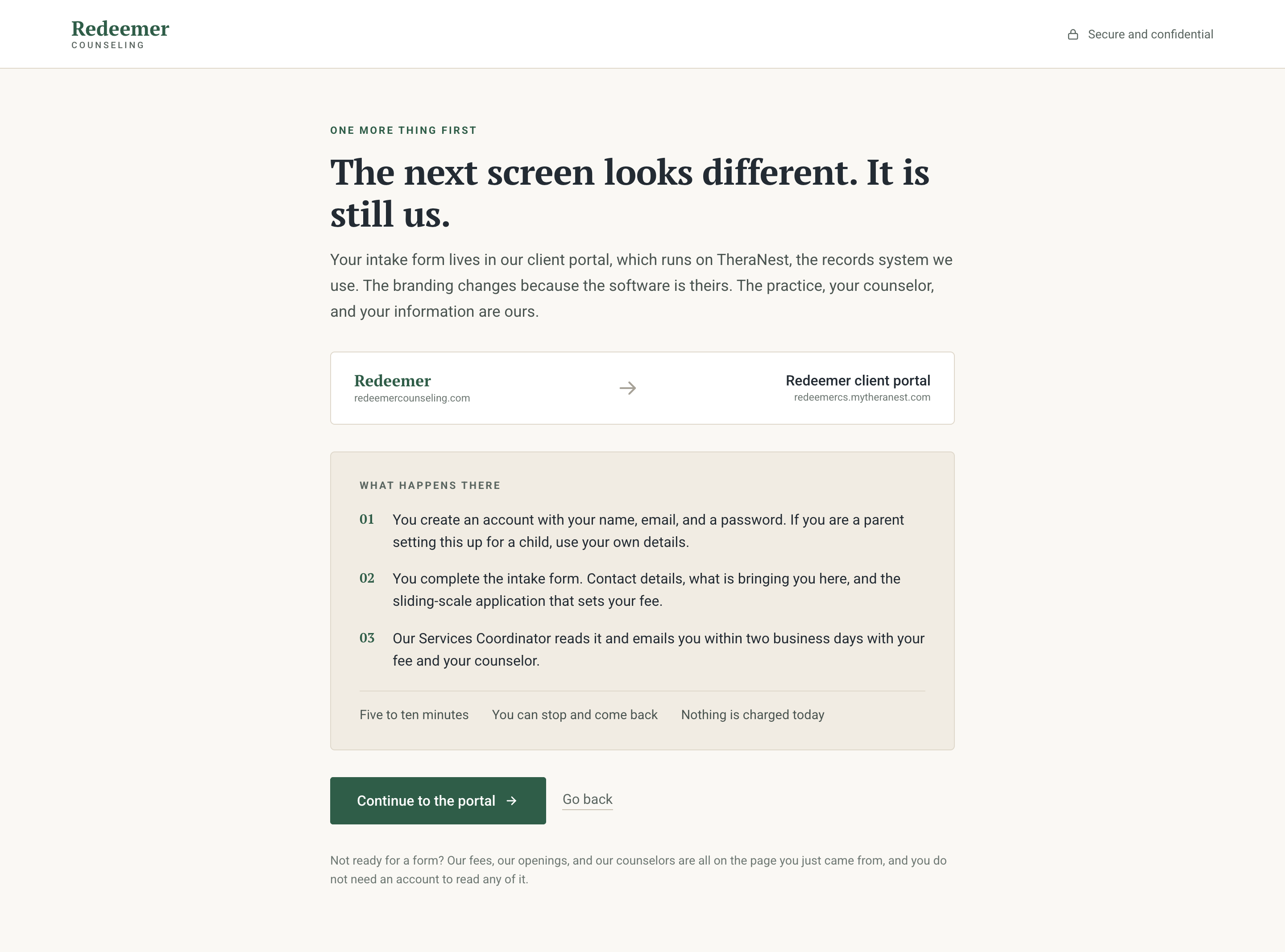The proposed handoff interstitial reading The next screen looks different. It is still us. It names TheraNest and lists what happens in the portal.