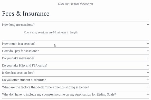 The current Fees and Insurance page, every question collapsed behind a plus sign.