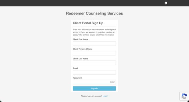 The TheraNest client portal signup screen a visitor reaches after pressing Submit Intake, carrying no Redeemer branding.