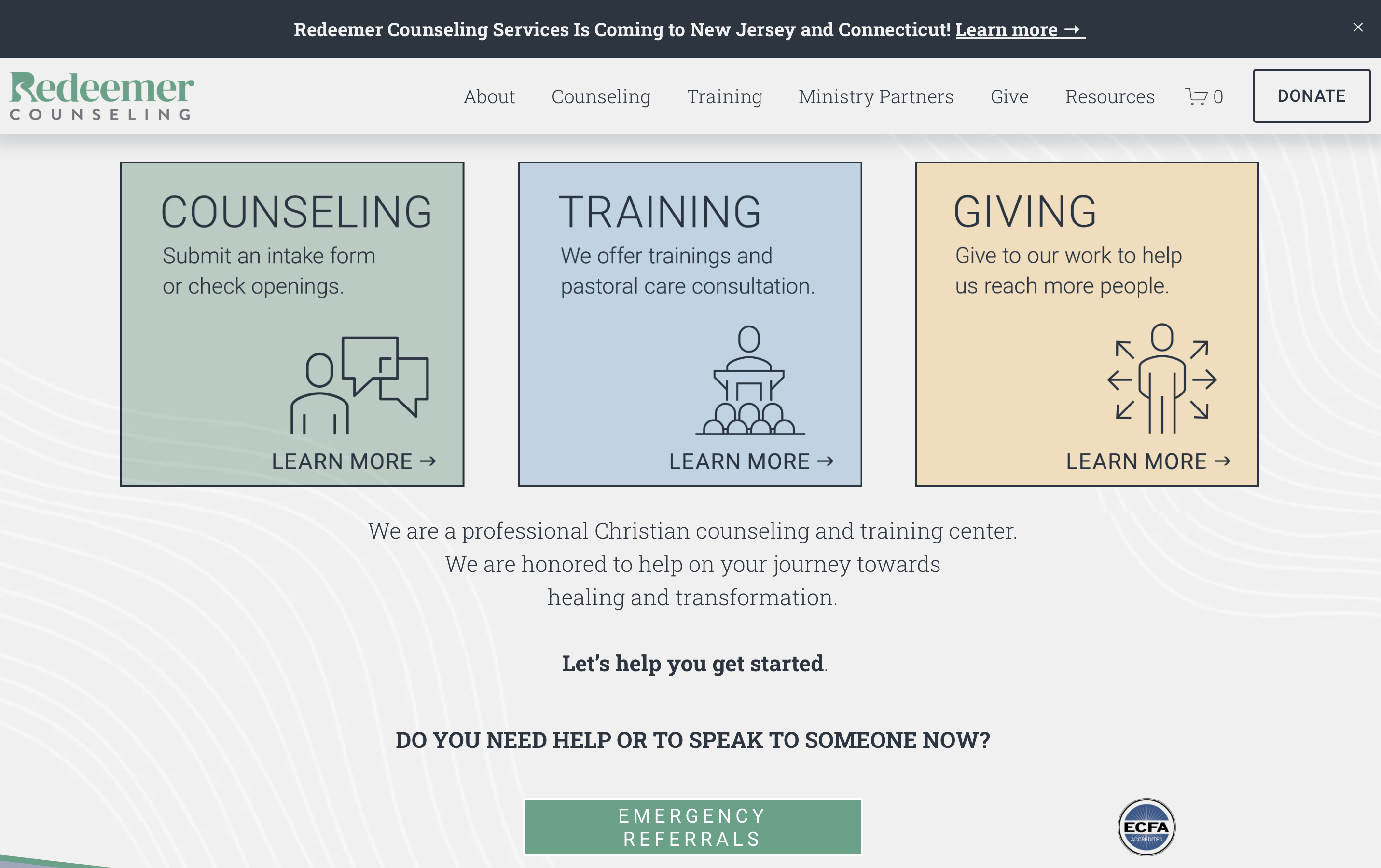 The Counseling gateway card on the current homepage, carrying the line Submit an intake form or check openings in small text.